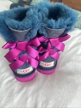 UGG Kids Blue Suede Boots with Pink Ribbon and Pink Soles
